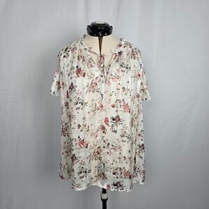 Tamara H Short Sleeve Blouse Women's 2X White Pink Floral Tie Ruffles